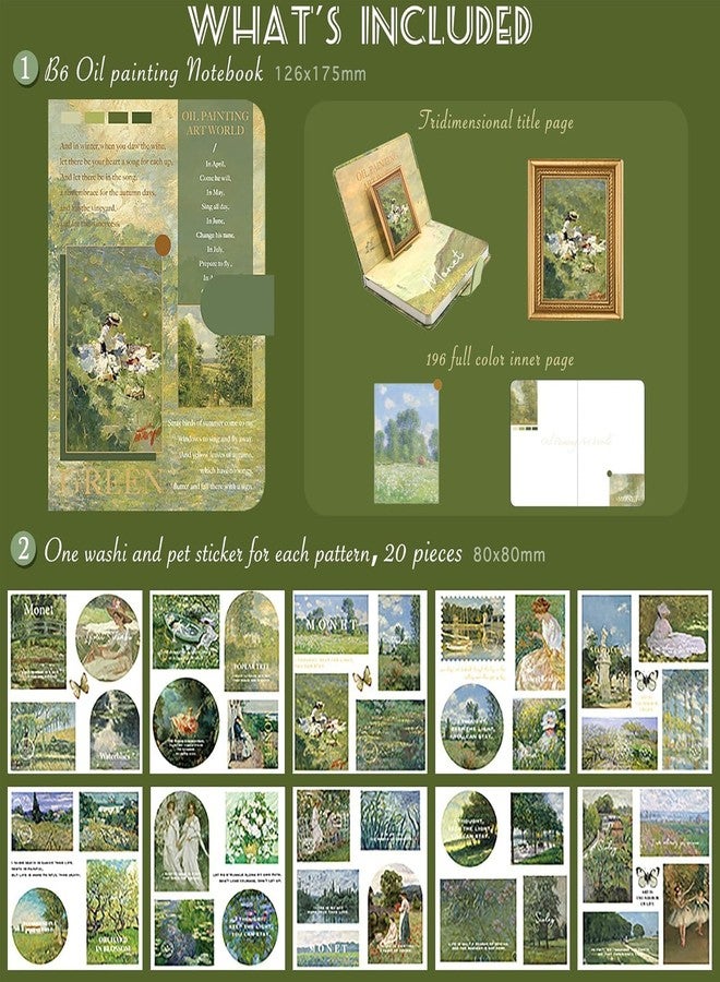 PLUSPOINT Vintage Aesthetic Paper Scrapbook Kit with 346 Pcs Complete Scrapbooking Supplies Set Featuring Bullet Junk Journal | A6 Grid Notebook | Elegant Stationery in Charming Green Stickers - Image 2